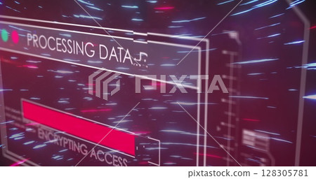 Image of data processing on black background with light trails 128305781