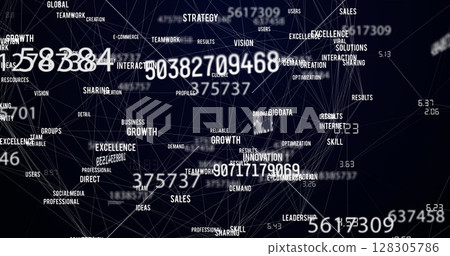 Image of network of connections with business texts on black background 128305786