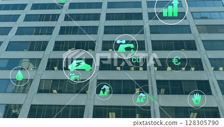 Image of digital icons over office building 128305790