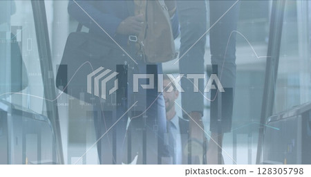 Image of financial data processing over business people using escalator in office 128305798