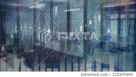 Image of financial data processing over business people walking in office 128305809