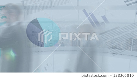 Image of financial data processing over business people walking in office 128305810