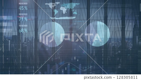 Image of financial data processing over business people walking in office 128305811