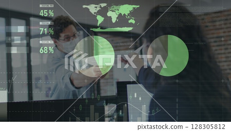 Image of statistics processing over business people wearing face masks in office 128305812