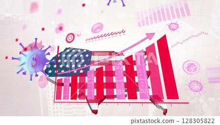 Image of data processing with virus icons over american flag Image of data processing with virus icons over american flag 128305822