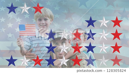 Image of soldier with children over american flag Image of soldier with children over american flag 128305824