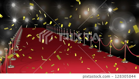 Image of gold confetti over red carpet 128305844