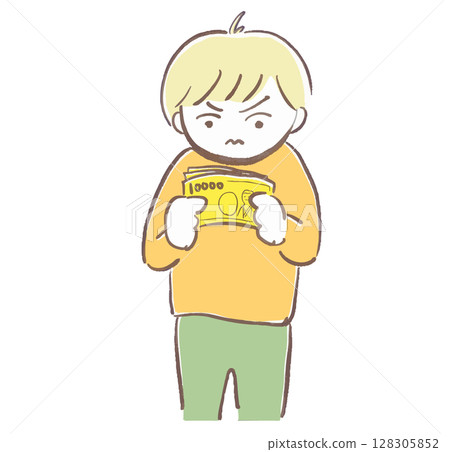 一位男士在花錢方面遇到困難的插圖（手繪，向量） 128305852
