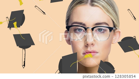Image of woman and graduation cap and pencil icons on green background Image of woman and graduation cap and pencil icons on green background 128305854