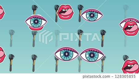 Image of powder brush and lips icons on blue background Image of powder brush and lips icons on blue background 128305855