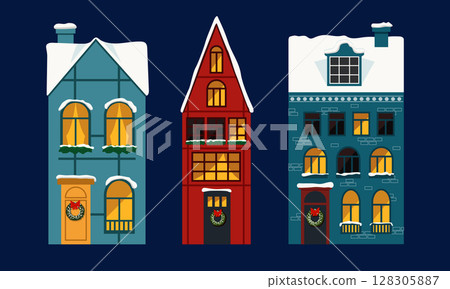 Colorful winter house illustrations with snow 128305887