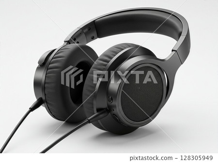 Professional Black Over Ear Wired Headphones with Noise Cancellation Technology on Minimalist White Background 128305949