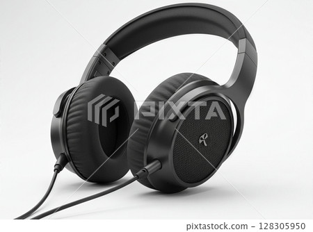 Professional Black Over Ear Wired Headphones with Noise Cancellation Technology on Minimalist White Background 128305950