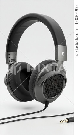 Professional Black Over Ear Wired Headphones with Noise Cancellation Technology on Minimalist White Background 128305952