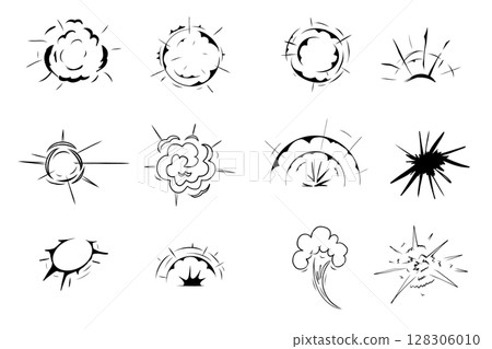 Explosion effect comic manga line sketch. Motion anime explode, radial action burst. Round explosions cloud silhouette. 128306010
