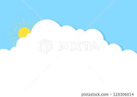 A rectangular frame with an illustration of clouds and the sun floating in a clear sky 128306014