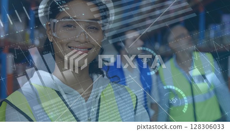 Image of statistics financial data processing over woman working in warehouse 128306033