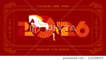 Chinese New Year 2026 ,Year of the Horse ,line art , outline , simple linear , geometric shape Chinese New Year 2026 ,Year of the Horse ,line art , outline , simple linear , geometric shape 128306055