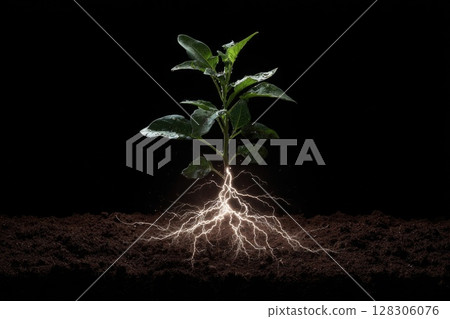 green plant with roots and lightning emerging from the ground 128306076
