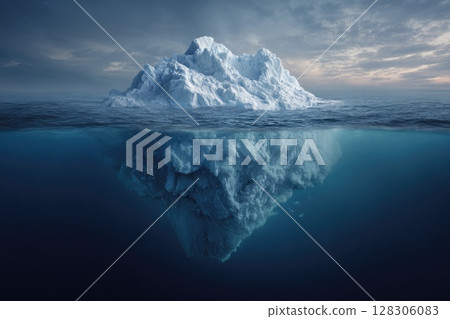 A large iceberg floating in the ocean with half above and below water 128306083