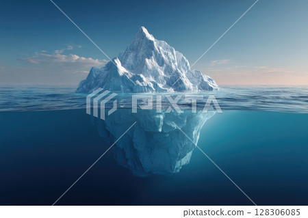 A large iceberg floating in the ocean with half above and below water 128306085