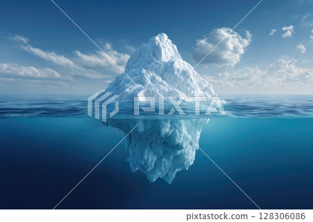 A large iceberg floating in the ocean with half above and below water A large iceberg floating in the ocean with half above and below water 128306086