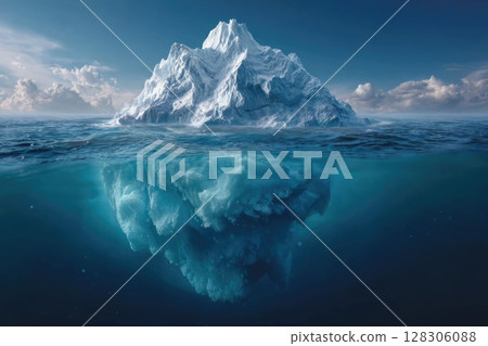 A large iceberg floating in the ocean with half above and below water 128306088