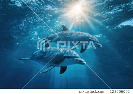 two dolphins swimming in the ocean two dolphins swimming in the ocean 128306092