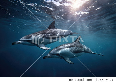two dolphins swimming in the ocean 128306095