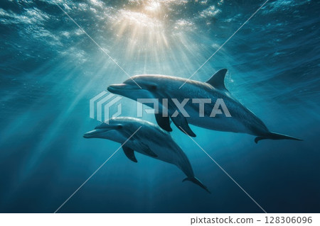 two dolphins swimming in the ocean 128306096