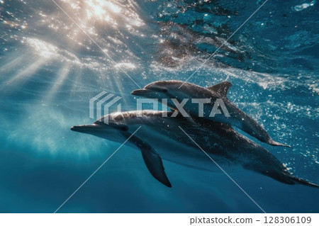 two dolphins swimming in the ocean two dolphins swimming in the ocean 128306109