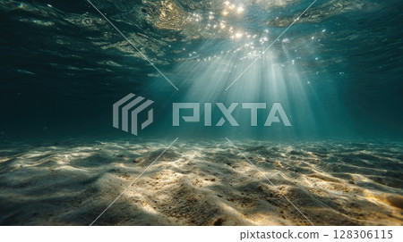 serene underwater scene with the sun's rays piercing through the ocean surface serene underwater scene with the sun's rays piercing through the ocean surface 128306115