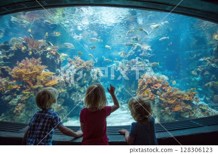 Children at an aquarium looking into the large glass tank with fish and sea creatures Children at an aquarium looking into the large glass tank with fish and sea creatures 128306123