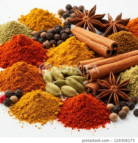 Vibrant Culinary Spices Collection with Colorful Ground Powders on White Background 128306173