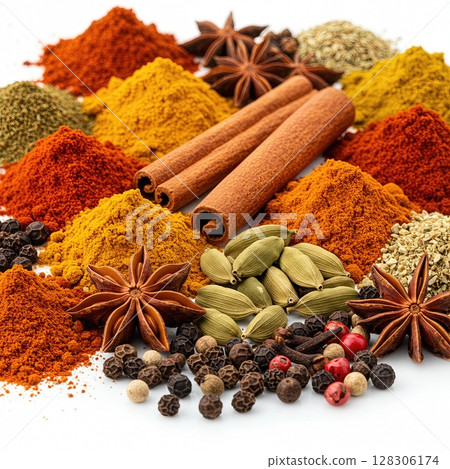 Vibrant Culinary Spices Collection with Colorful Ground Powders on White Background 128306174