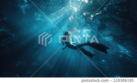 woman swimming underwater in the ocean woman swimming underwater in the ocean 128306195