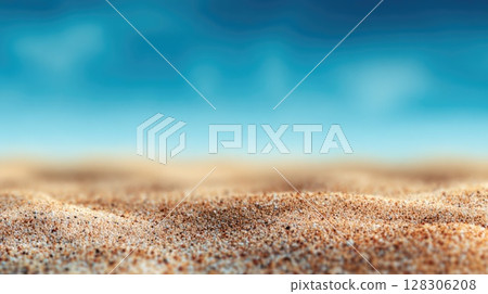Beautiful summer background with sand and blue sky. Blurred beach scene with copy space Beautiful summer background with sand and blue sky. Blurred beach scene with copy space 128306208