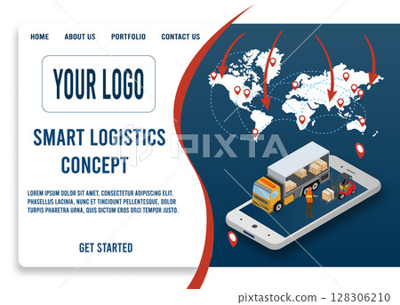 Global logistics solutions landing page concept with Smart Logistics, Business logistics, Warehouse Logistic, Online delivery, Export and Import. Global logistics solutions landing page concept with Smart Logistics, Business logistics, Warehouse Logistic, Online delivery, Export and Import. 128306210