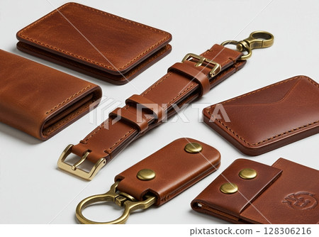 Premium Handcrafted Brown Leather Wallet Collection with Card Holders and Keychain Featuring Brass Hardware  128306216