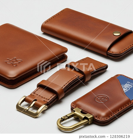 Premium Handcrafted Brown Leather Wallet Collection with Card Holders and Keychain Featuring Brass Hardware  128306219