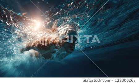 Professional male swimmer diving into the pool Professional male swimmer diving into the pool 128306262