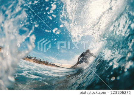 A surfer riding the wave 128306275