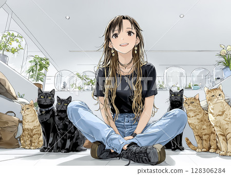 Cat Cafe: Illustration of a smiling woman surrounded by cats 128306284