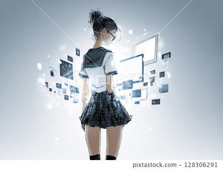 Future education - Illustration of a high school girl manipulating a hologram 128306291