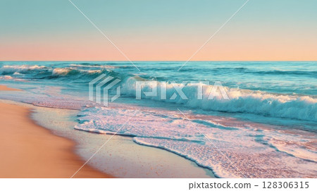 Beautiful beach sunset with a calm sea and sky 128306315