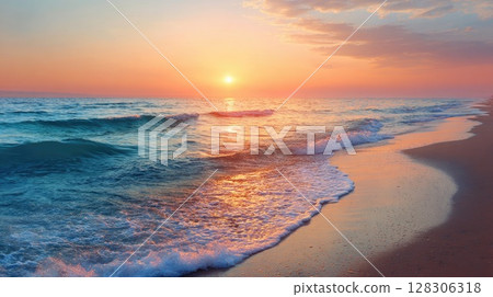 Beautiful beach sunset with a calm sea and sky 128306318