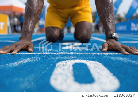 male runner hands on the starting line of a track and field race at a stadium. 128306327