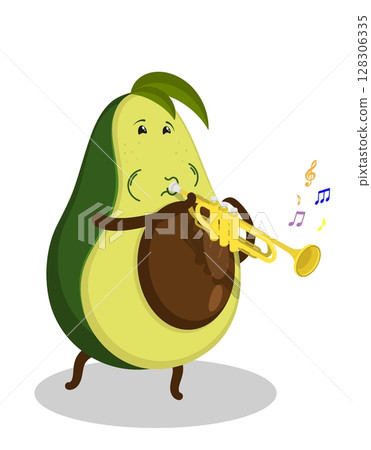 Cheerful musician avocado fruit plays a musical melody on brass trumpet wind instrument solo. Cartoon vector isolated on white background 128306335