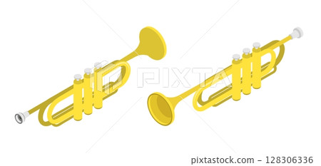 Isometric Brass trumpet wind instrument for playing in concerts and solo top aerial view. Realistic 3D vector concept isolated on white background 128306336