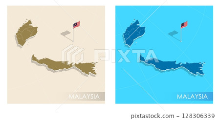 Malaysia country flag installed on geographic positioning map point of country territory. Malaysian commonwealth banner on land and sea. Festive patriotic HD format template for independence day Malaysia country flag installed on geographic positioning map point of country territory. Malaysian commonwealth banner on land and sea. Festive patriotic HD format template for independence day 128306339